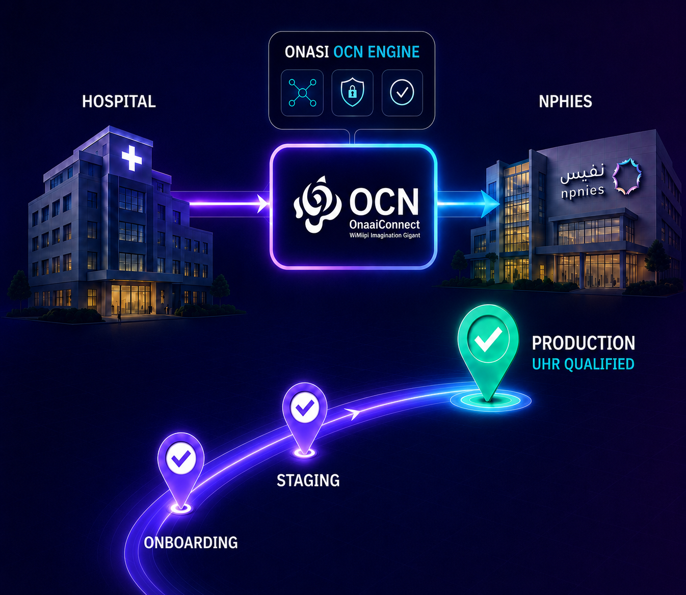 Hospital connected through the Onasi OCN Engine to NPHIES — onboarding, staging and production UHR-qualified journey